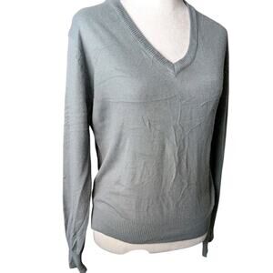 Vtg V Neck Long Sleeve Light Gray Sweater Women M Acrylic Fitted Knit Top